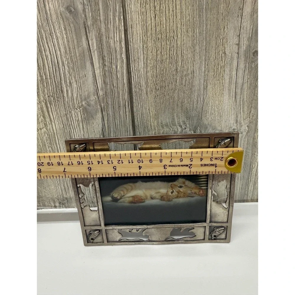 Vintage Pewter Cat and Fish Picture Frame Rustic Metal Pet Photo 5x7 4x6